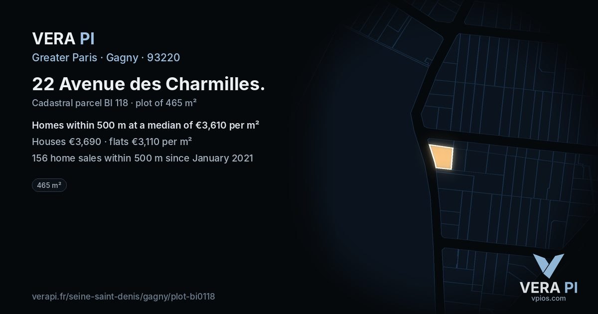 22 Avenue des Charmilles, Gagny at night – the plot lit, the parcels around coloured by the prices near them