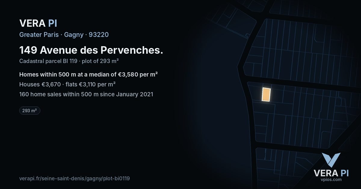 149 Avenue des Pervenches, Gagny at night – the plot lit, the parcels around coloured by the prices near them