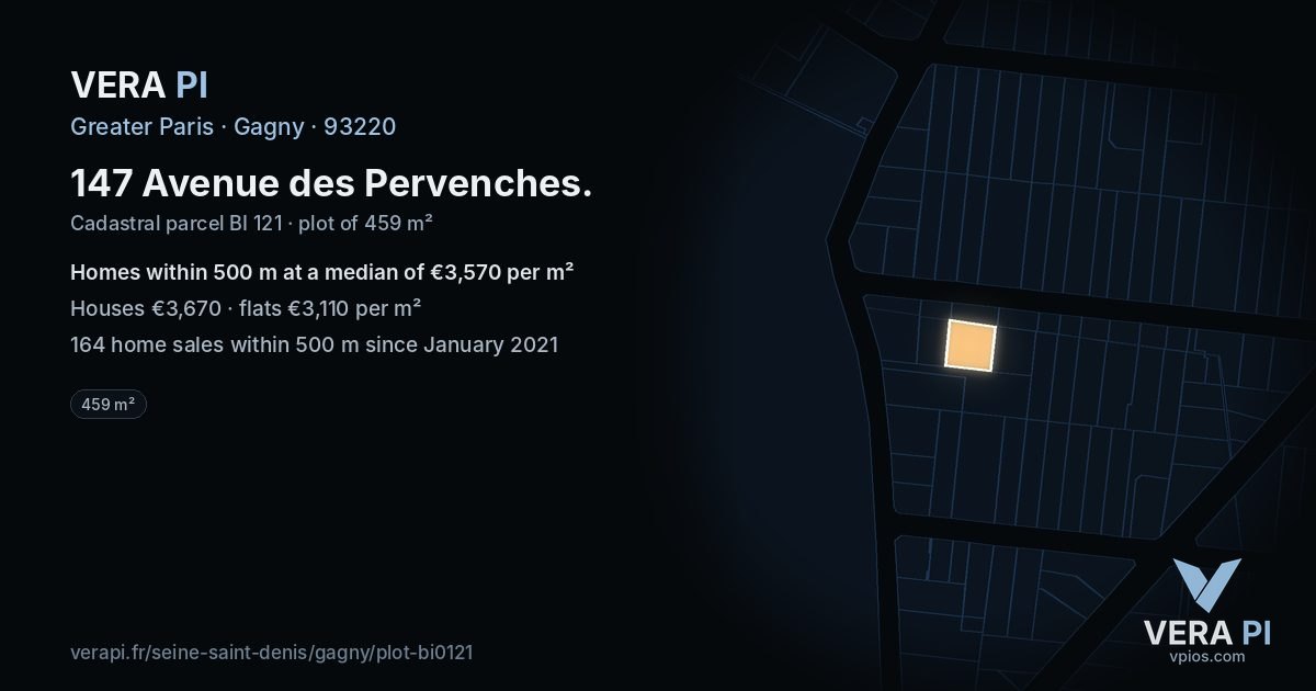 147 Avenue des Pervenches, Gagny at night – the plot lit, the parcels around coloured by the prices near them