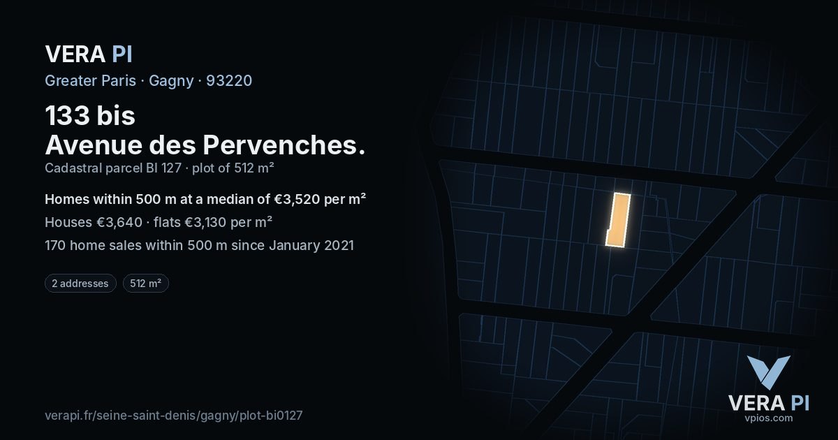 133 bis Avenue des Pervenches, Gagny at night – the plot lit, the parcels around coloured by the prices near them