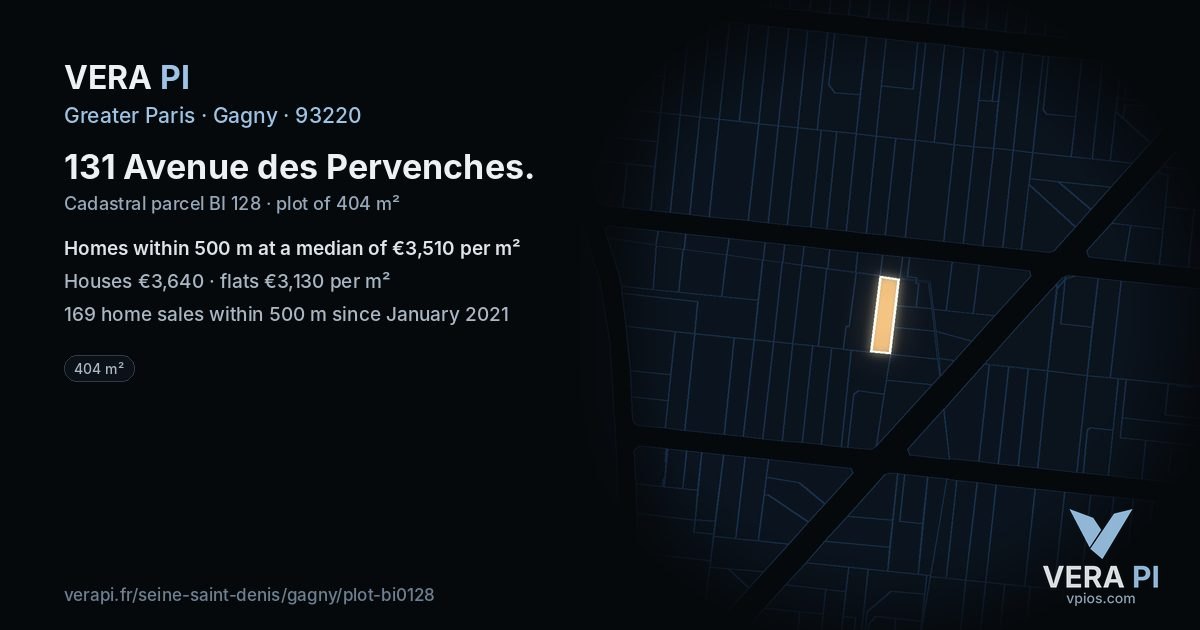 131 Avenue des Pervenches, Gagny at night – the plot lit, the parcels around coloured by the prices near them