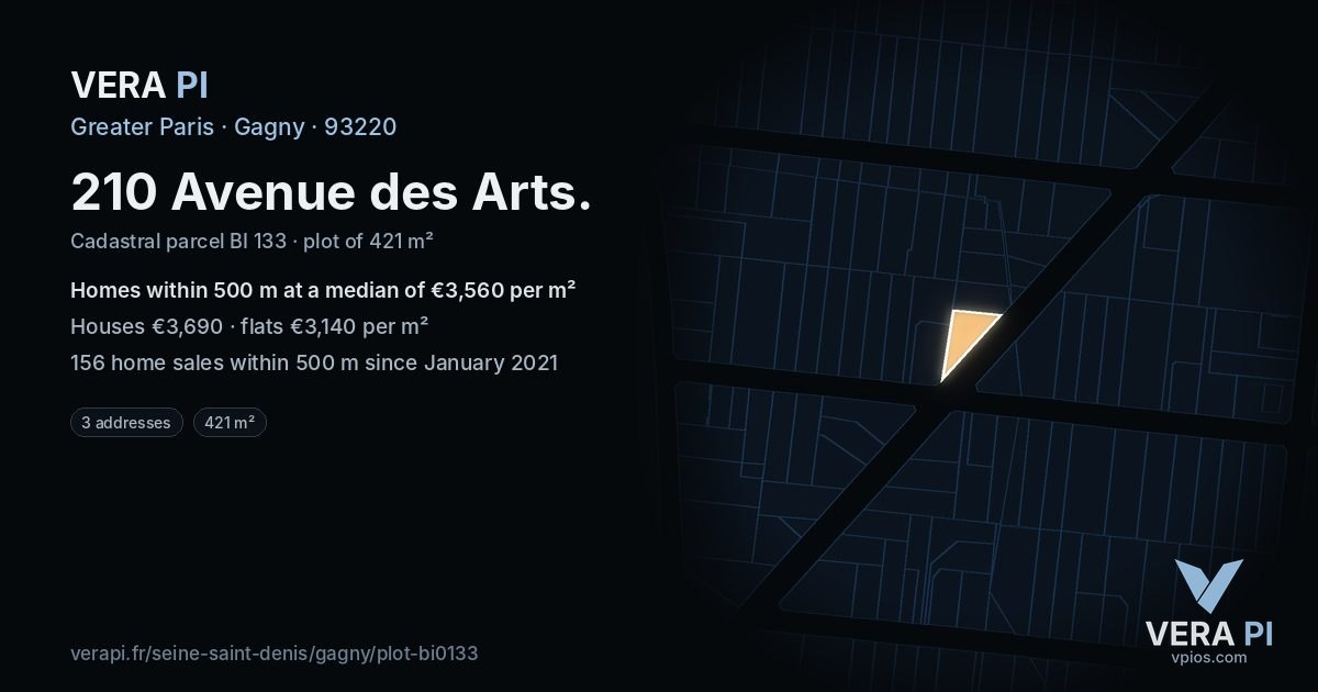 210 Avenue des Arts, Gagny at night – the plot lit, the parcels around coloured by the prices near them