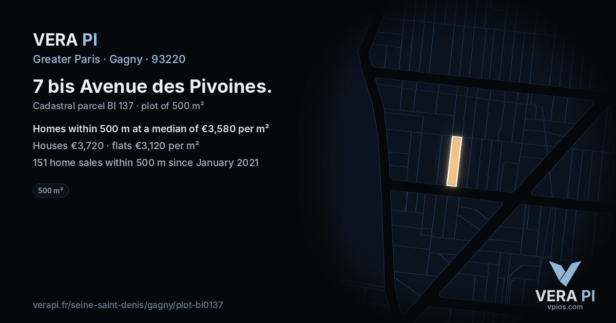 7 bis Avenue des Pivoines, Gagny at night – the plot lit, the parcels around coloured by the prices near them