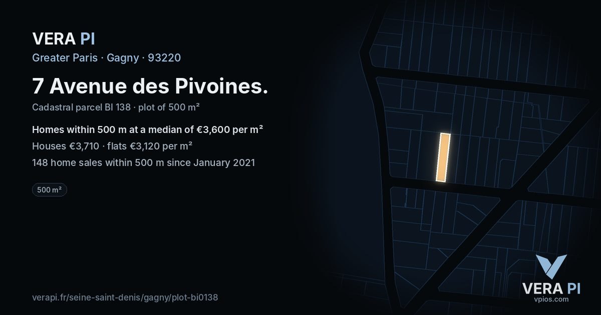 7 Avenue des Pivoines, Gagny at night – the plot lit, the parcels around coloured by the prices near them