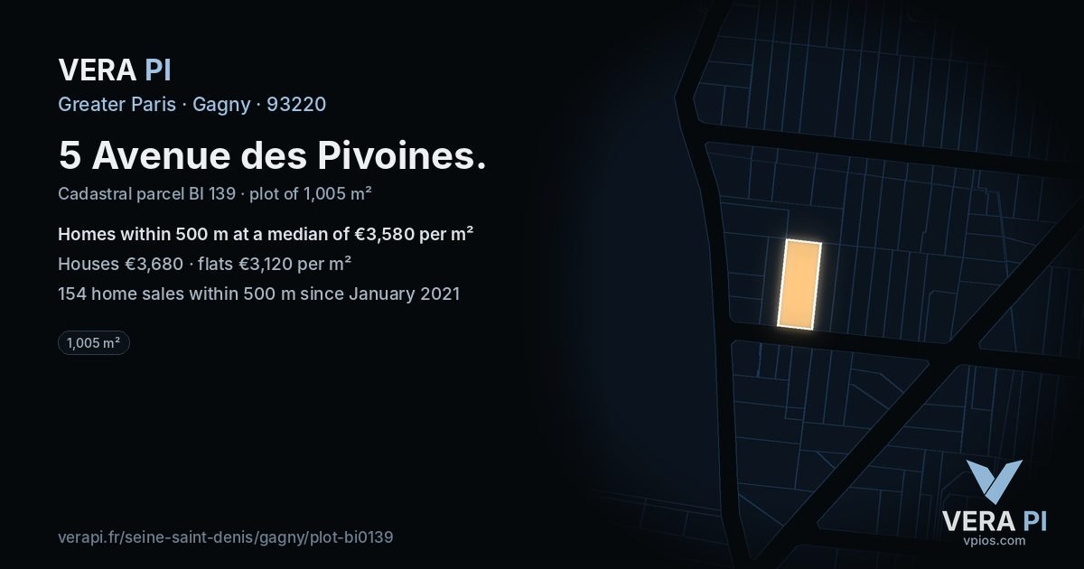 5 Avenue des Pivoines, Gagny at night – the plot lit, the parcels around coloured by the prices near them