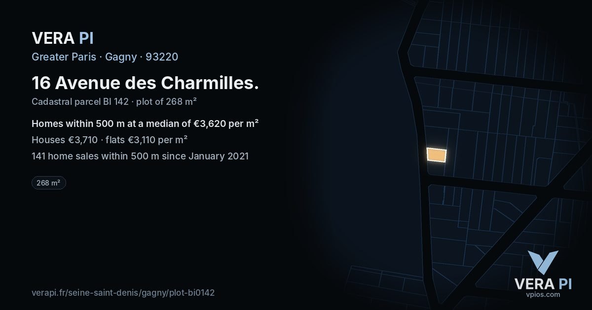16 Avenue des Charmilles, Gagny at night – the plot lit, the parcels around coloured by the prices near them
