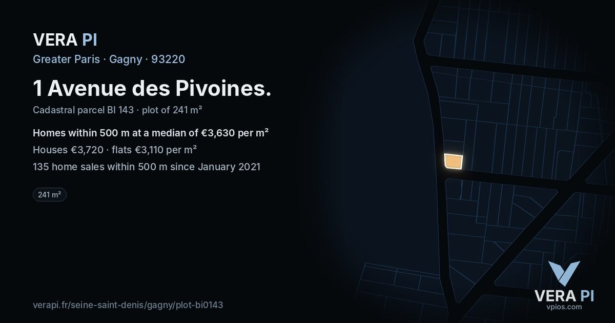 1 Avenue des Pivoines, Gagny at night – the plot lit, the parcels around coloured by the prices near them