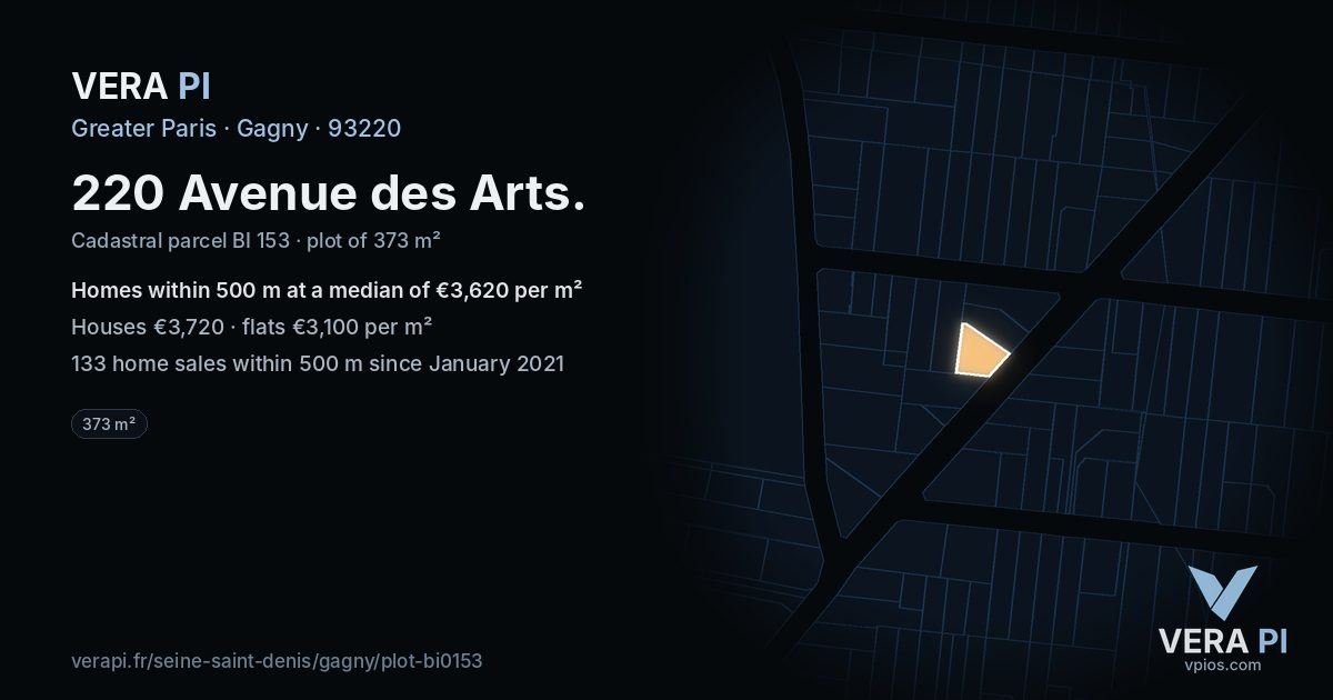 220 Avenue des Arts, Gagny at night – the plot lit, the parcels around coloured by the prices near them