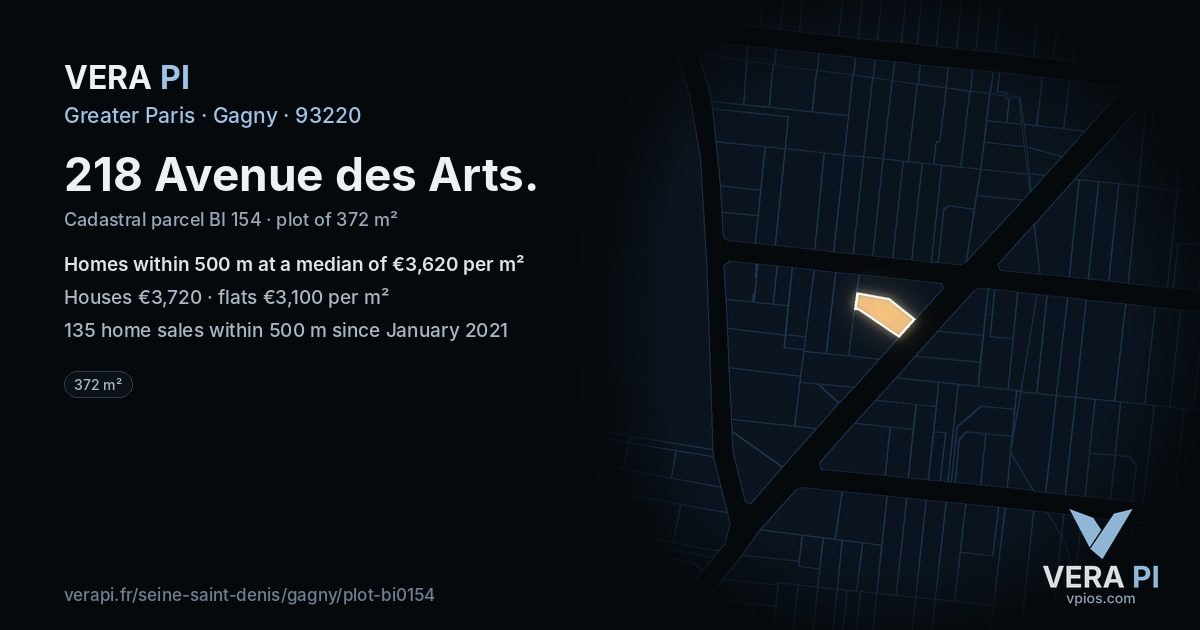 218 Avenue des Arts, Gagny at night – the plot lit, the parcels around coloured by the prices near them