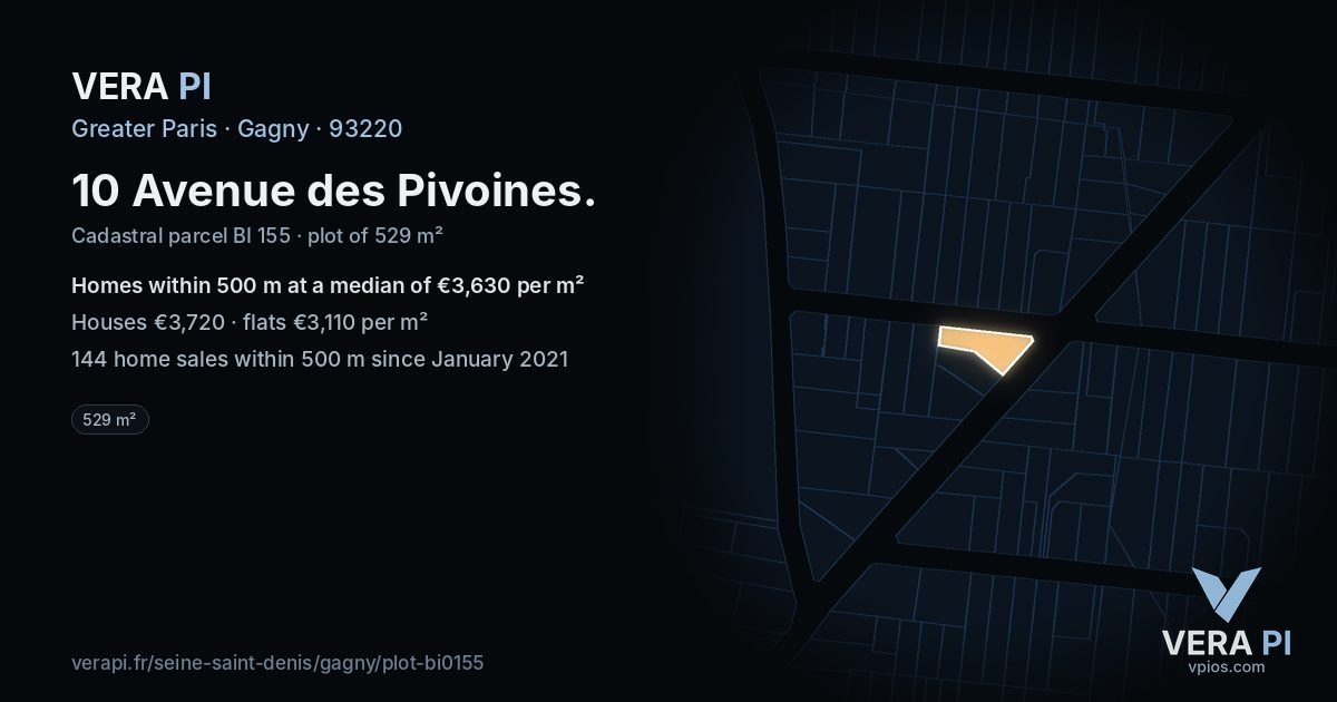 10 Avenue des Pivoines, Gagny at night – the plot lit, the parcels around coloured by the prices near them