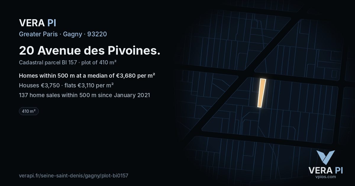 20 Avenue des Pivoines, Gagny at night – the plot lit, the parcels around coloured by the prices near them
