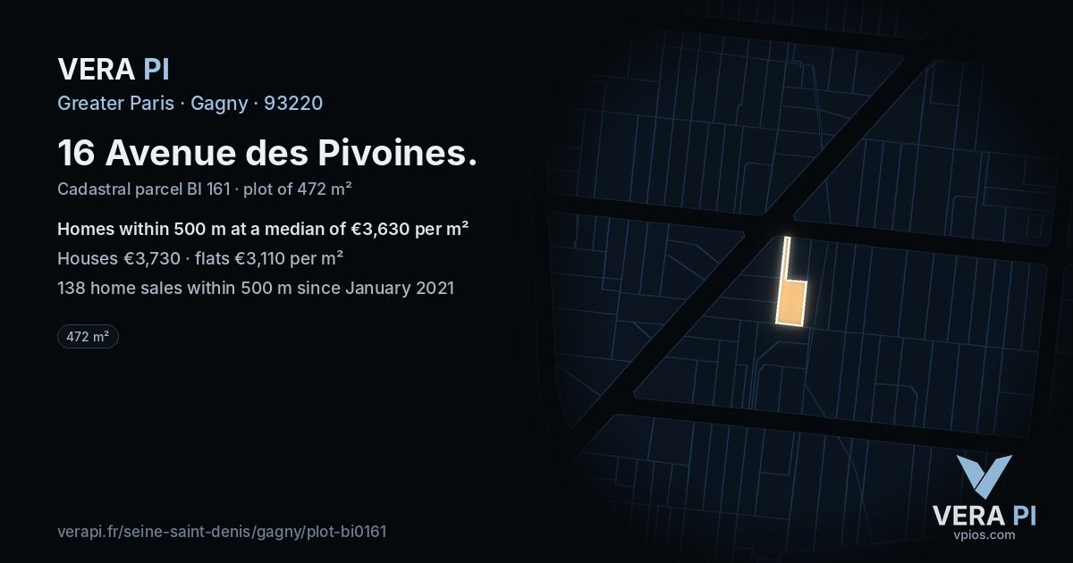 16 Avenue des Pivoines, Gagny at night – the plot lit, the parcels around coloured by the prices near them