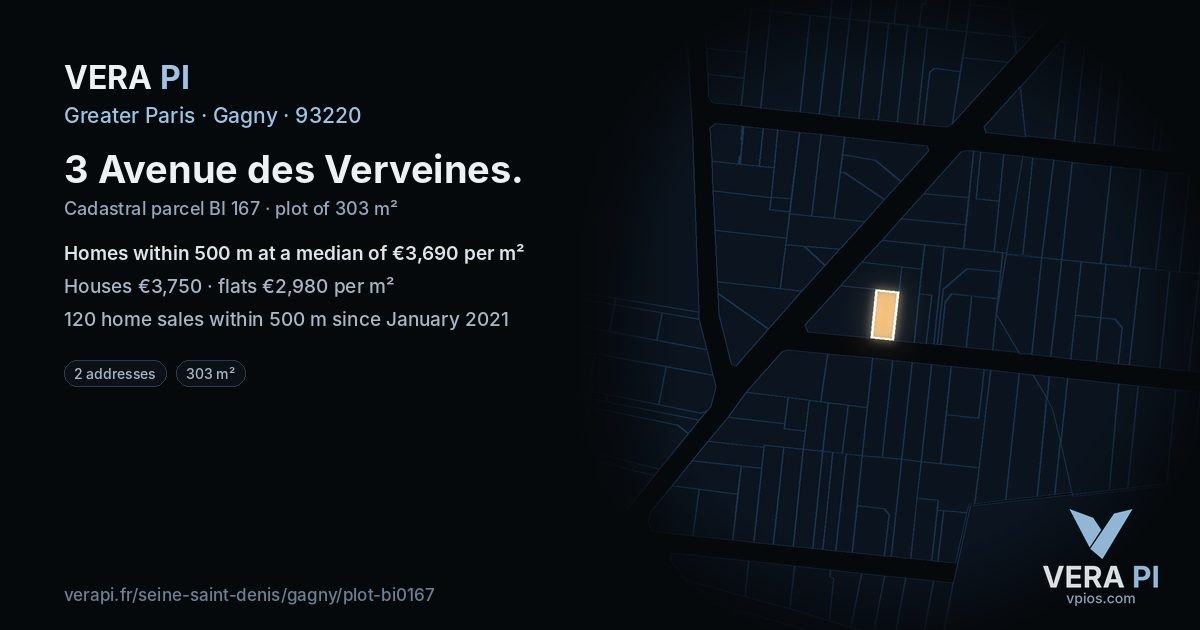 3 Avenue des Verveines, Gagny at night – the plot lit, the parcels around coloured by the prices near them