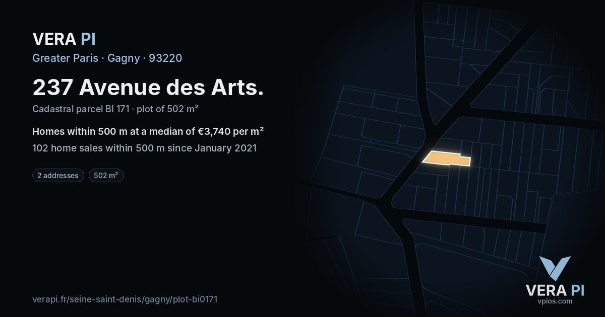 237 Avenue des Arts, Gagny at night – the plot lit, the parcels around coloured by the prices near them