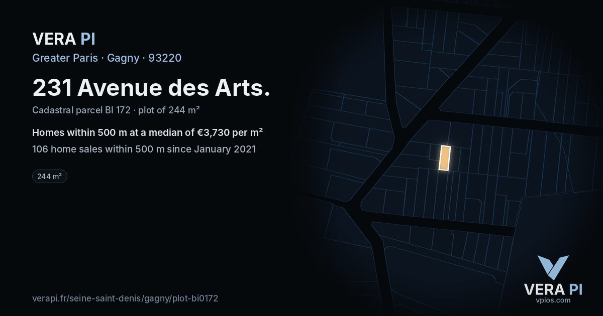 231 Avenue des Arts, Gagny at night – the plot lit, the parcels around coloured by the prices near them