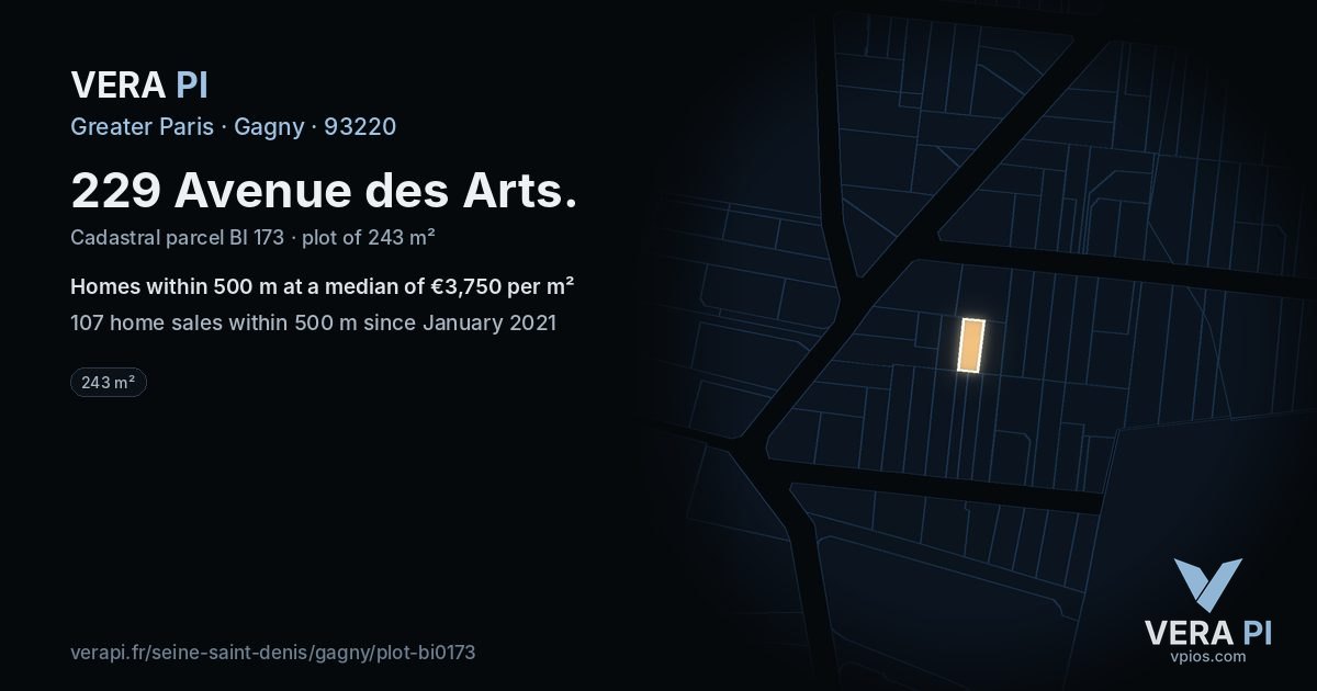 229 Avenue des Arts, Gagny at night – the plot lit, the parcels around coloured by the prices near them