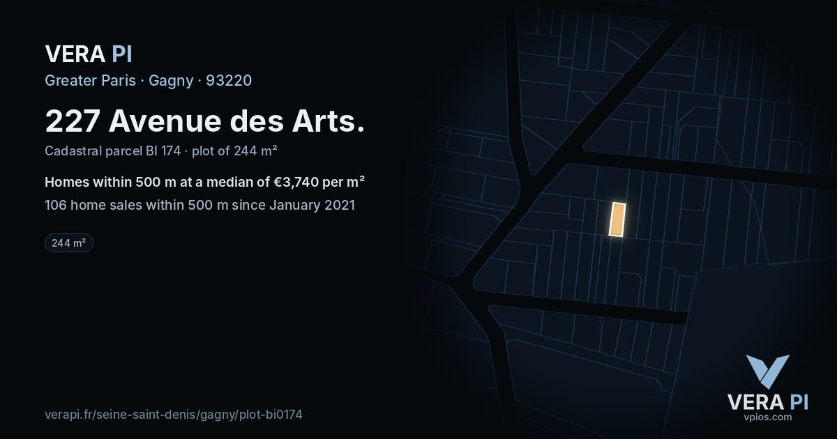 227 Avenue des Arts, Gagny at night – the plot lit, the parcels around coloured by the prices near them