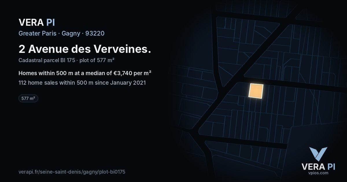 2 Avenue des Verveines, Gagny at night – the plot lit, the parcels around coloured by the prices near them