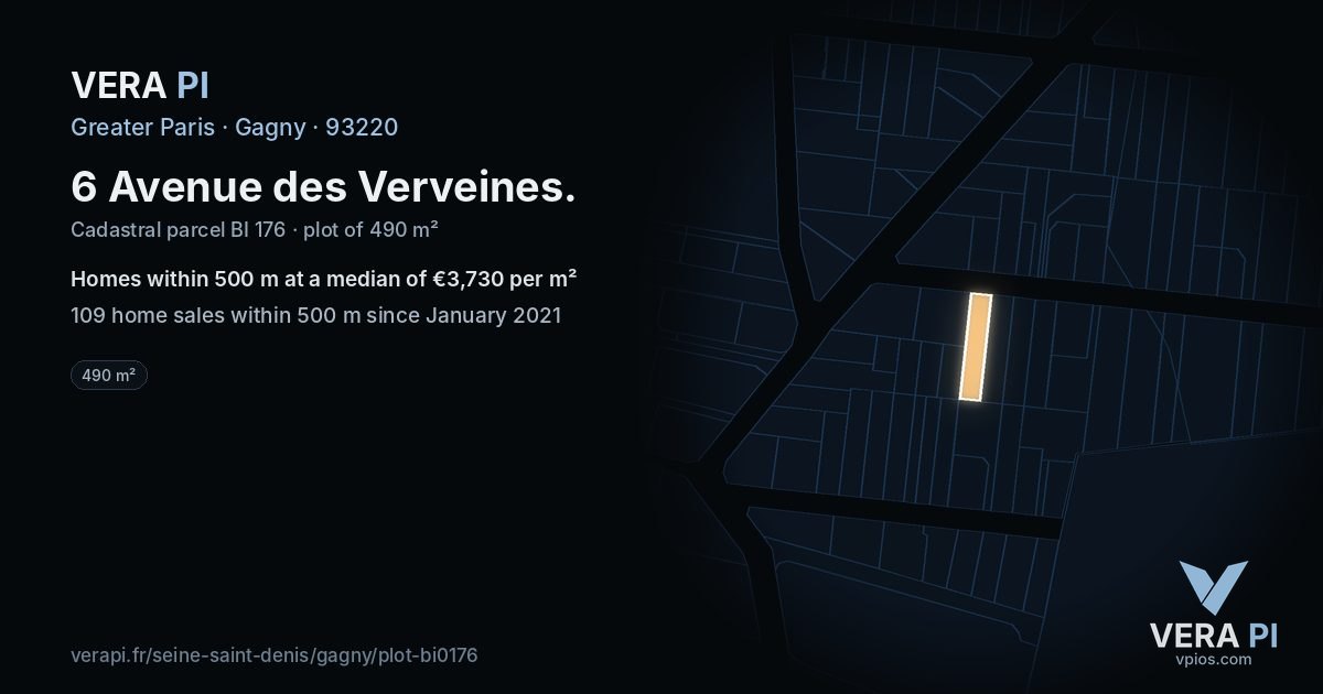 6 Avenue des Verveines, Gagny at night – the plot lit, the parcels around coloured by the prices near them