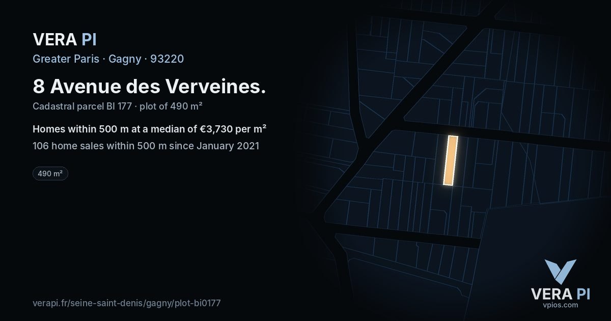 8 Avenue des Verveines, Gagny at night – the plot lit, the parcels around coloured by the prices near them