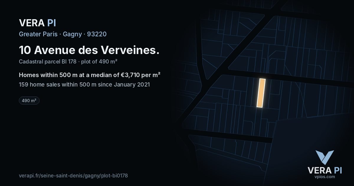 10 Avenue des Verveines, Gagny at night – the plot lit, the parcels around coloured by the prices near them