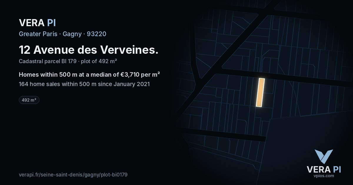 12 Avenue des Verveines, Gagny at night – the plot lit, the parcels around coloured by the prices near them