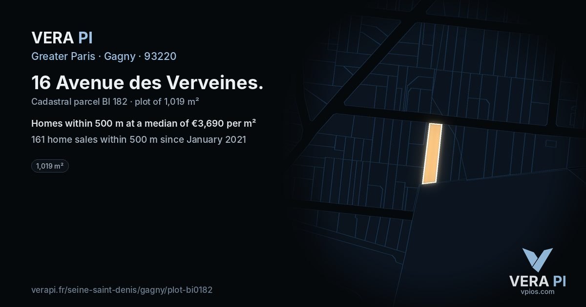 16 Avenue des Verveines, Gagny at night – the plot lit, the parcels around coloured by the prices near them