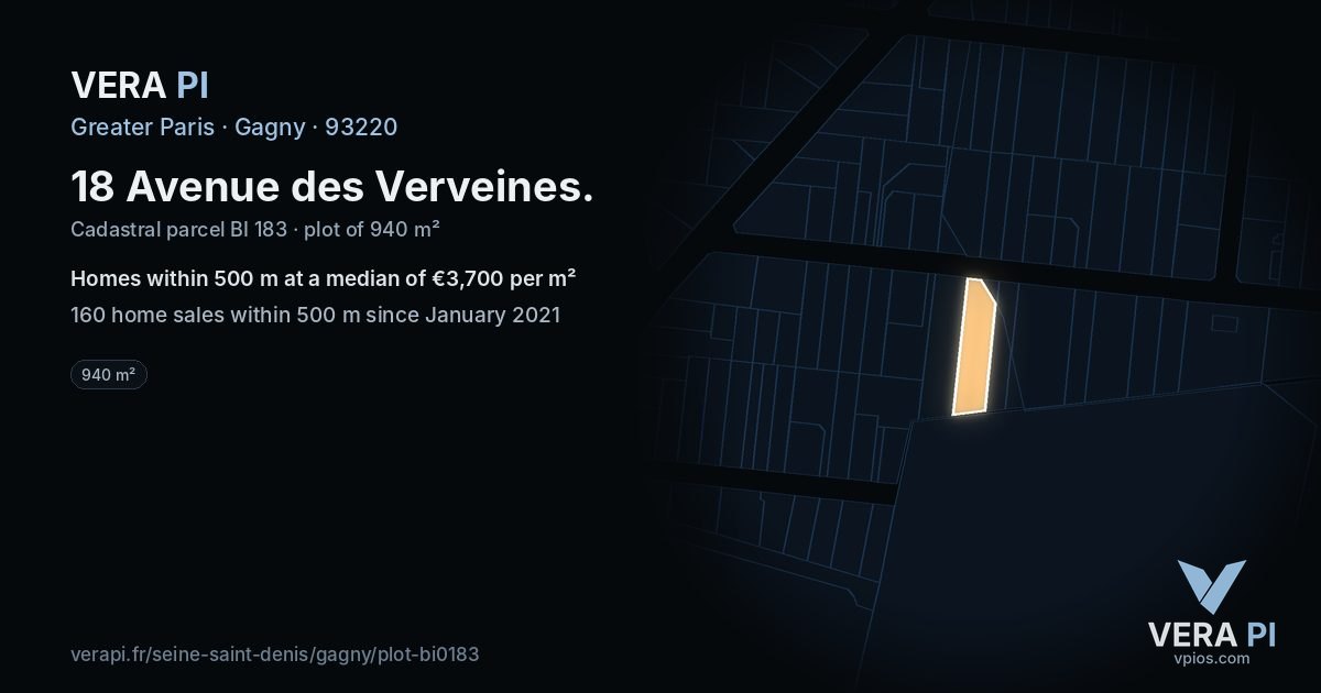 18 Avenue des Verveines, Gagny at night – the plot lit, the parcels around coloured by the prices near them
