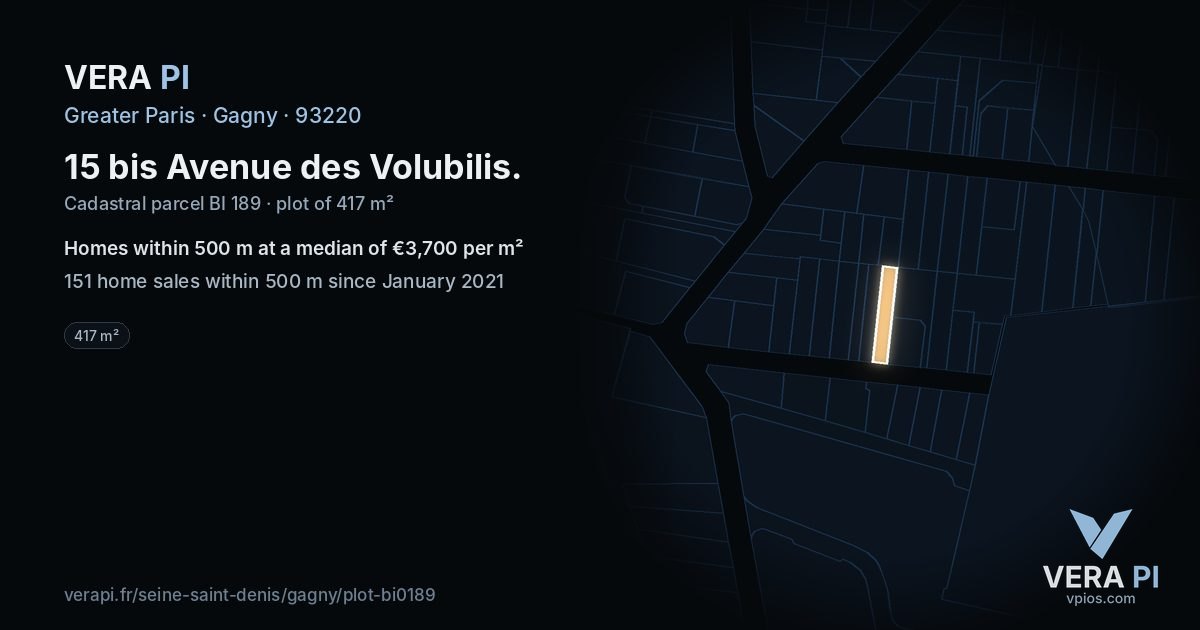 15 bis Avenue des Volubilis, Gagny at night – the plot lit, the parcels around coloured by the prices near them