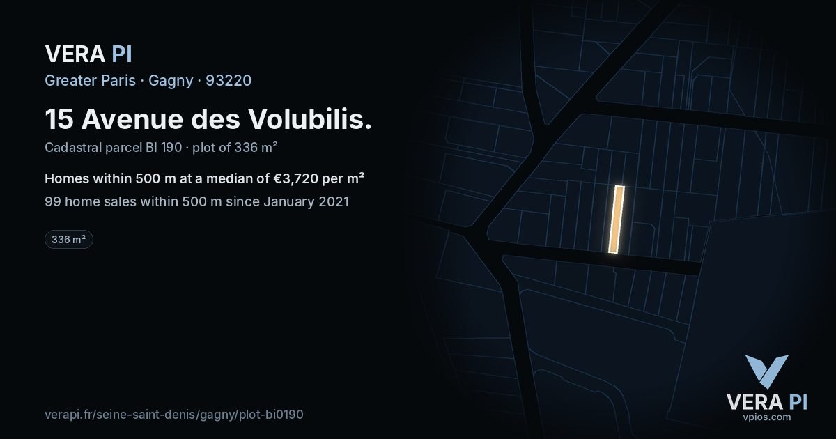 15 Avenue des Volubilis, Gagny at night – the plot lit, the parcels around coloured by the prices near them