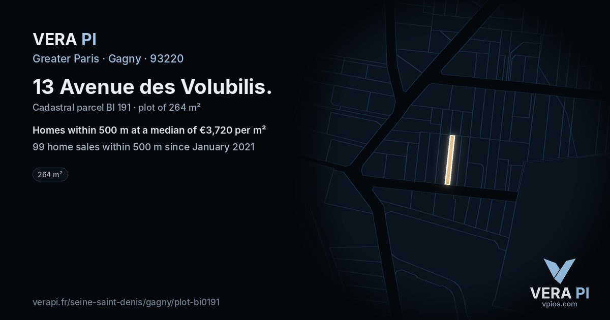 13 Avenue des Volubilis, Gagny at night – the plot lit, the parcels around coloured by the prices near them