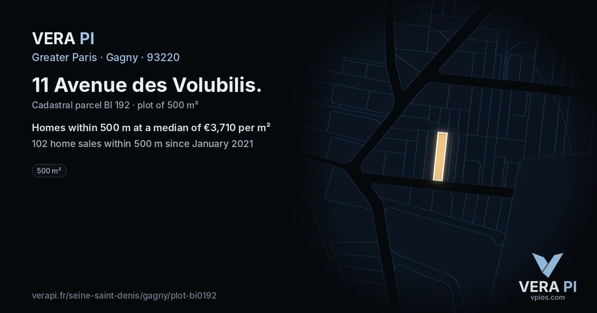 11 Avenue des Volubilis, Gagny at night – the plot lit, the parcels around coloured by the prices near them