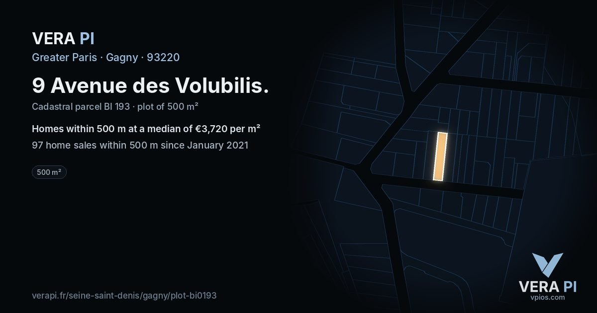 9 Avenue des Volubilis, Gagny at night – the plot lit, the parcels around coloured by the prices near them