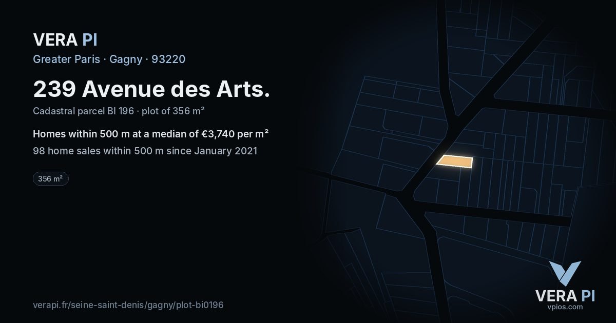 239 Avenue des Arts, Gagny at night – the plot lit, the parcels around coloured by the prices near them