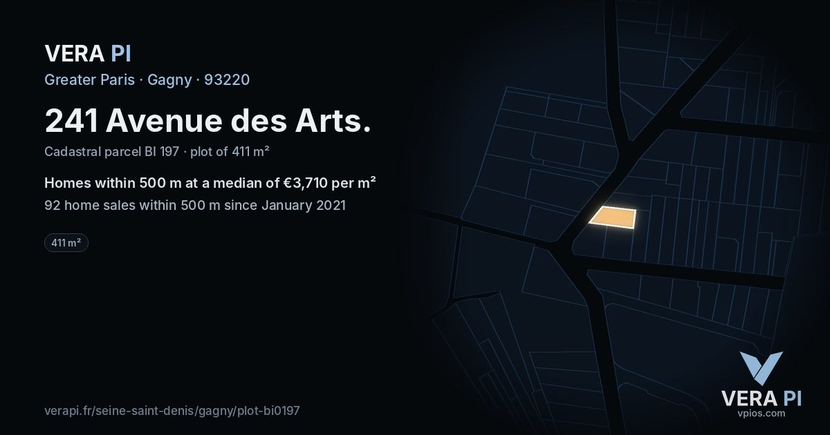 241 Avenue des Arts, Gagny at night – the plot lit, the parcels around coloured by the prices near them