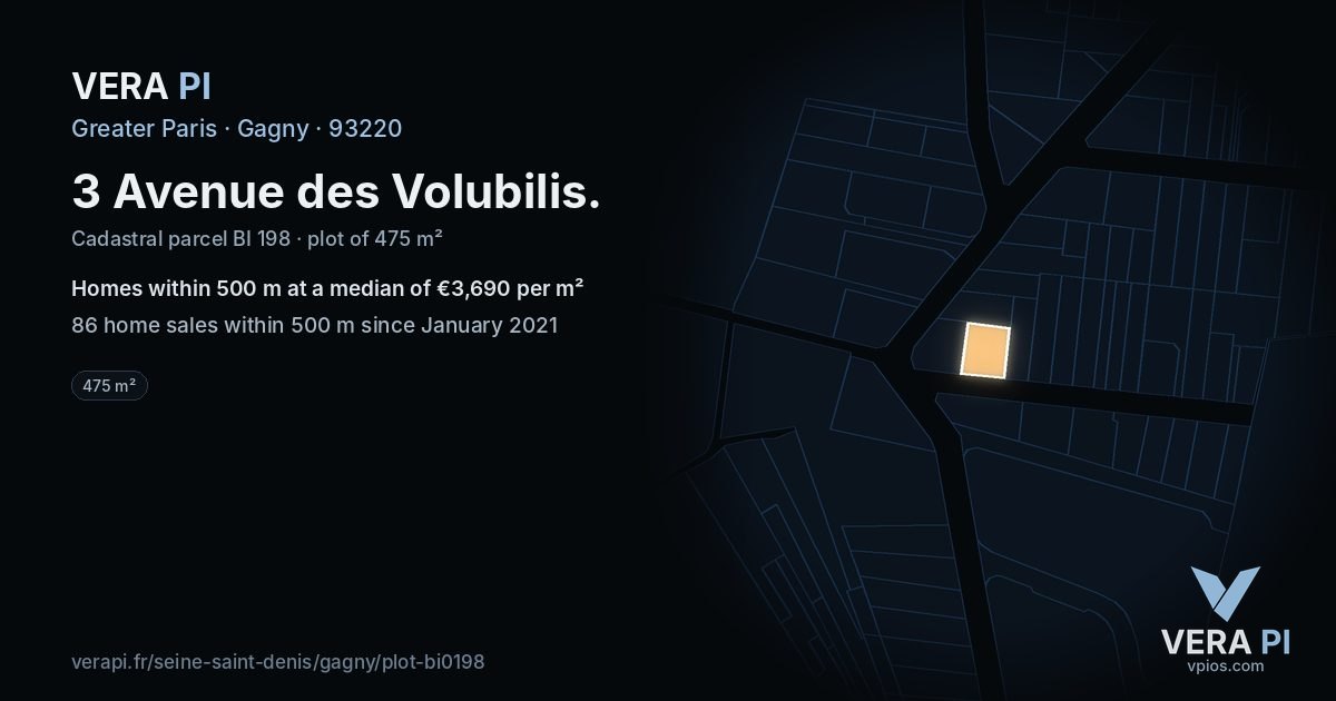 3 Avenue des Volubilis, Gagny at night – the plot lit, the parcels around coloured by the prices near them