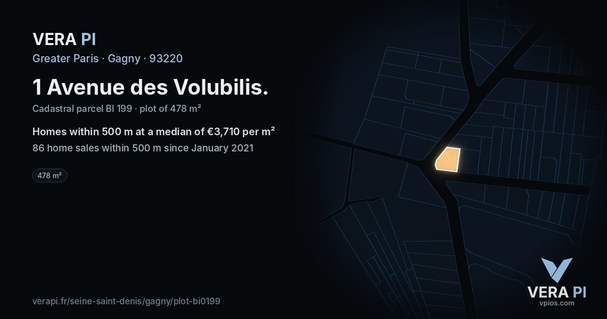 1 Avenue des Volubilis, Gagny at night – the plot lit, the parcels around coloured by the prices near them