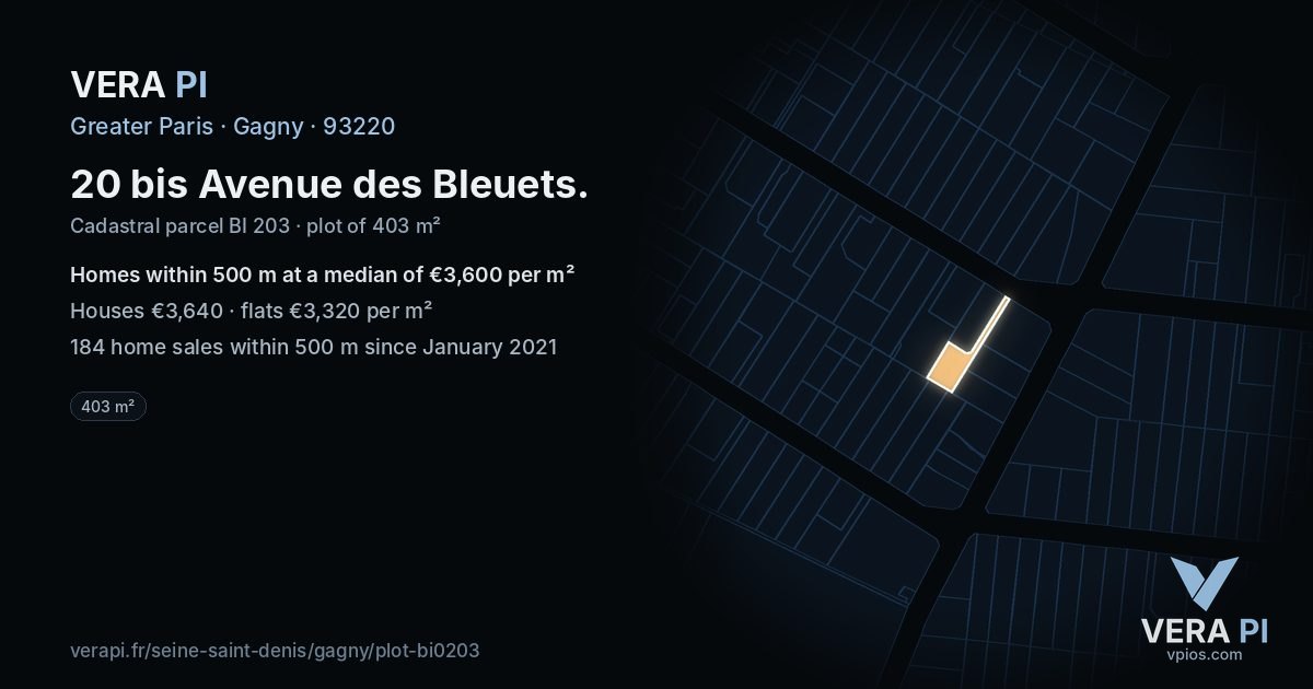 20 bis Avenue des Bleuets, Gagny at night – the plot lit, the parcels around coloured by the prices near them