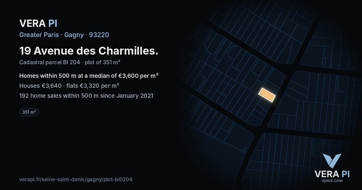 19 Avenue des Charmilles, Gagny at night – the plot lit, the parcels around coloured by the prices near them