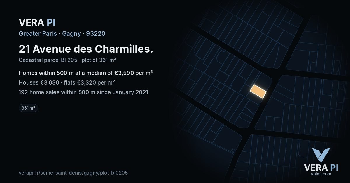 21 Avenue des Charmilles, Gagny at night – the plot lit, the parcels around coloured by the prices near them