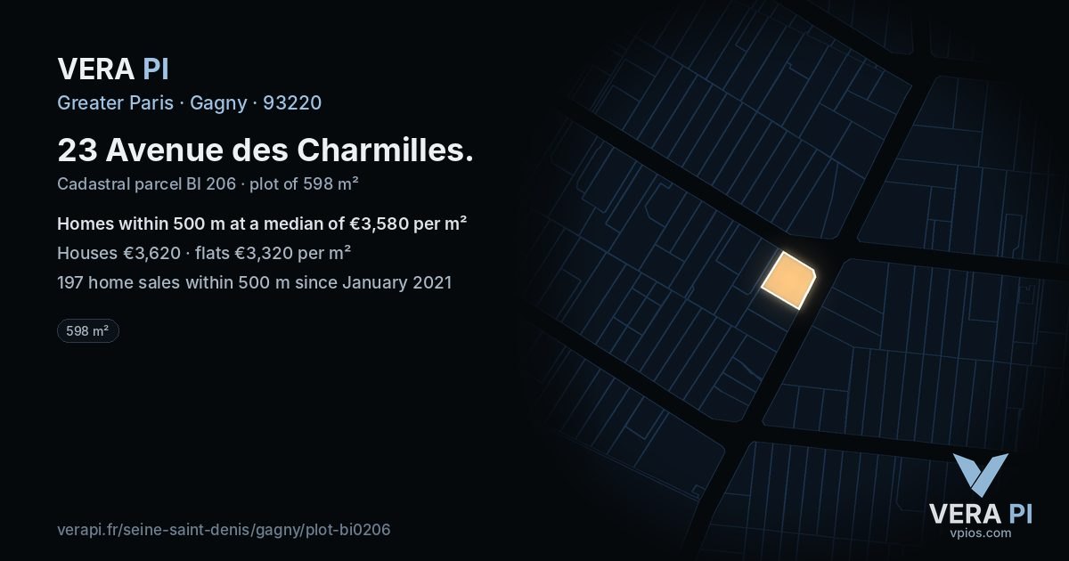23 Avenue des Charmilles, Gagny at night – the plot lit, the parcels around coloured by the prices near them