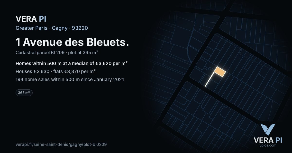 1 Avenue des Bleuets, Gagny at night – the plot lit, the parcels around coloured by the prices near them