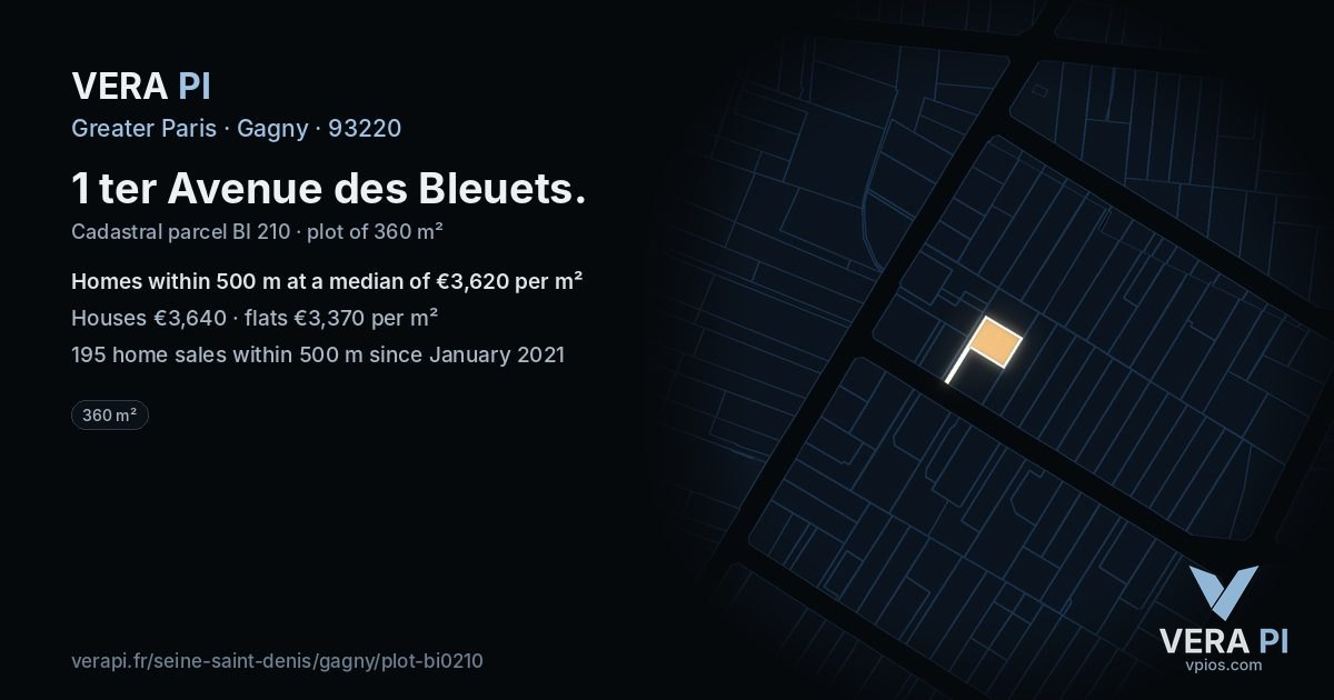 1 ter Avenue des Bleuets, Gagny at night – the plot lit, the parcels around coloured by the prices near them