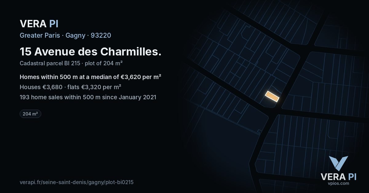 15 Avenue des Charmilles, Gagny at night – the plot lit, the parcels around coloured by the prices near them