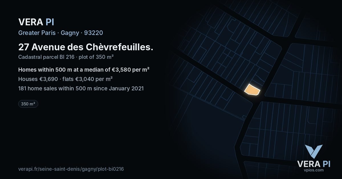 27 Avenue des Chèvrefeuilles, Gagny at night – the plot lit, the parcels around coloured by the prices near them
