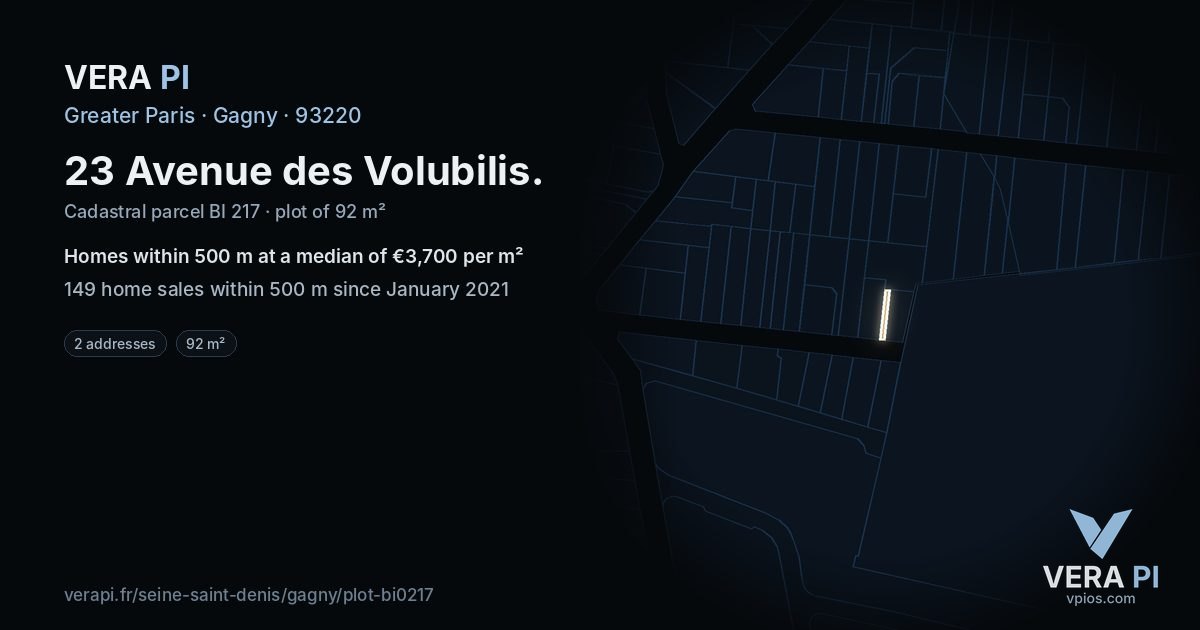 23 Avenue des Volubilis, Gagny at night – the plot lit, the parcels around coloured by the prices near them