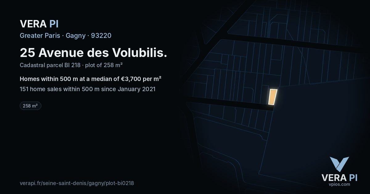 25 Avenue des Volubilis, Gagny at night – the plot lit, the parcels around coloured by the prices near them