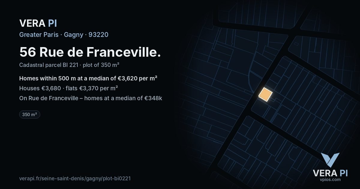 56 Rue de Franceville, Gagny at night – the plot lit, the parcels around coloured by the prices near them