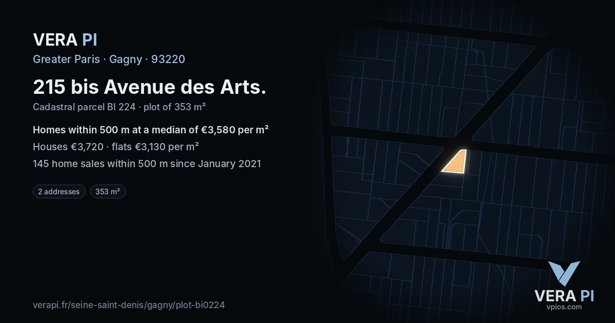 215 bis Avenue des Arts, Gagny at night – the plot lit, the parcels around coloured by the prices near them