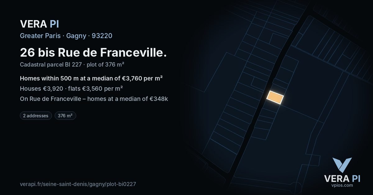 26 bis Rue de Franceville, Gagny at night – the plot lit, the parcels around coloured by the prices near them